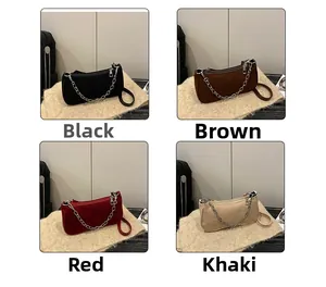 Detailed comparison of baguette bags in black, brown, red, and khaki with silver chains