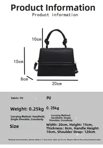 Detailed size chart for black PU crossbody bag showing dimensions 20cm x 15cm x 8cm