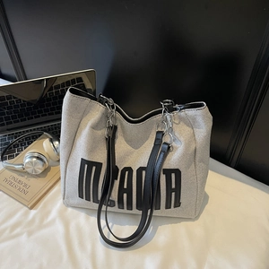 Large Capacity Canvas Tote Bag Women Contrast Letter Print PU Leather Shoulder Strap Metal Chain Commuter Casual Handbag