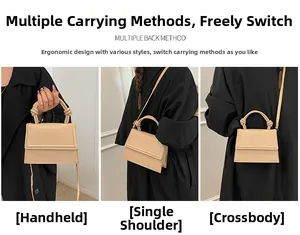Beige faux leather square handbag with knot handle detail and adjustable strap
