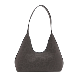 Chic grey leopard print crescent tote bag in soft suede finish with shoulder strap