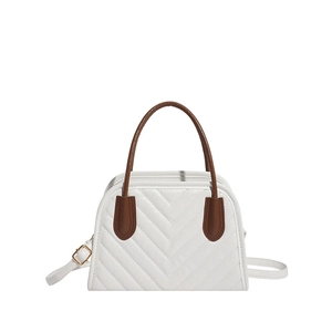White V-quilted faux leather crossbody bag with brown handle and gold hardware