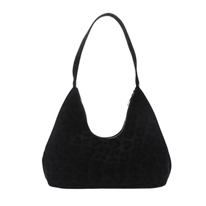 Chic black faux suede leopard print shoulder bag with crescent shape and zipper closure