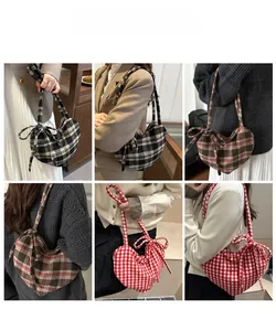 Collage of checkered tote bags with heart patterns and decorative bows on shoulders