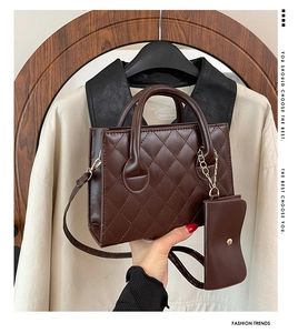 Detail of dark brown quilted handbag with mini coin purse and gold chain strap