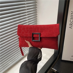 Women Leopard Print Envelope Clutch Bag Suede Texture PU Matte Square Buckle Vintage Wristlet Handbag