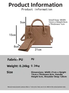 Détail du sac à bandoulière matelassé marron avec pochette à fermeture éclair et dimensions