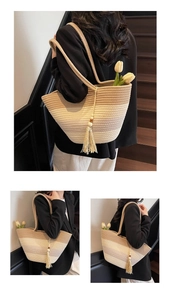 Detail of gradient woven tote bag with fringe wood beads and large storage capacity