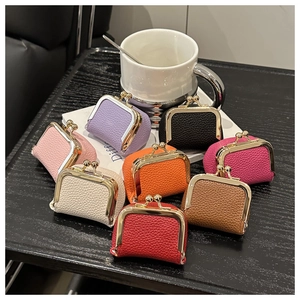 Top view of eight colorful litchi grain mini coin purses with vintage metal clasp on desk