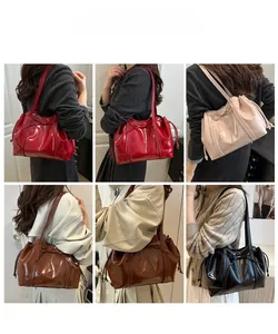 Collage of four large capacity tote bags with bow knot details in red, white, brown and black