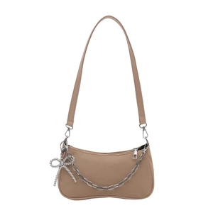Minimalist beige baguette shoulder bag with silver chain and bead butterfly charm