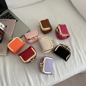 Mini Coin Purse Retro PU Leather Lychee Pattern Kiss Lock Clasp Lipstick Bag Gold Metal Frame Portable Compact Wallet