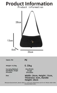 Detailed size chart of a glossy black minimalist underarm bag with gold buckle