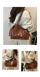 Detailed close-up of dark brown glossy patent leather tote with a bow and drawstring closure