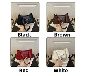 Minimalist glossy PU leather shoulder bags displayed in black, brown, red, and white colors