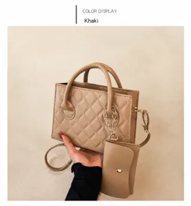 Detail of khaki diamond-stitched PU leather handbag with matching mini coin purse