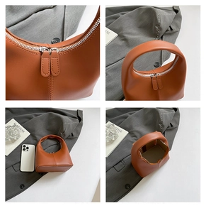 Detail shots showing orange-brown handbag texture, dual zippers and interior storage capacity