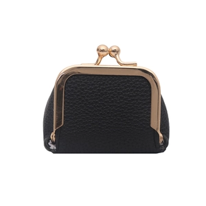 Mini black lychee pattern PU leather kiss-lock jewelry and coin pouch with gold metal clasp
