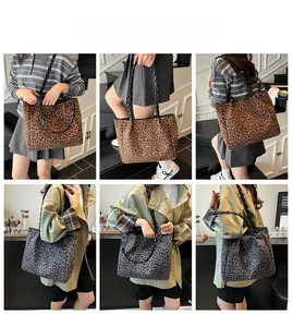 Collage of brown and grey leopard print tote bags with black braided handles on models