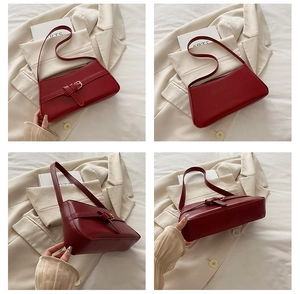 Detailed views of a deep red matte leather underarm bag with gold buckle from four angles