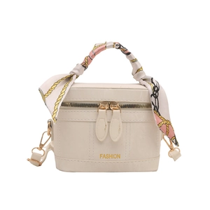 Chic white square handbag with silk scarf handle and golden fashion lettering details