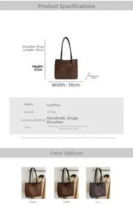 Detailed size and material specs for the leopard print suede tote bag with dimensions