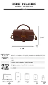 Brown PU handbag technical details with size specs and removable shoulder strap
