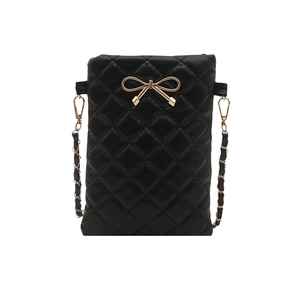 Quilted black PU leather crossbody phone bag with gold bow ornament and chain strap