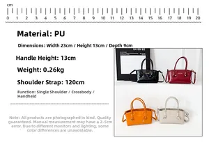 Detail specifications of women's glossy PU square tote bag with size and strap metrics