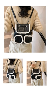 Detailed view of autumn color-block backpack with black faux leather and white shearling trim
