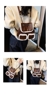 Close-up view of a model wearing a vintage brown faux leather backpack with white sherpa trim