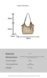 Detailed size chart for the large polyester bucket bag with full dimensions and weight