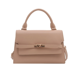 Elegant beige trapezoid handbag with gold metal twist lock and top handle design