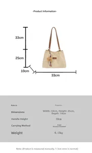Detailed size chart of beige quilted tote bag with dimensions and polyester material info