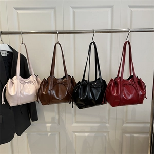 Glossy Patent Leather Tote Bag With Bow Knot And Drawstring Large Capacity Shoulder Handbag For Women Daily Commute