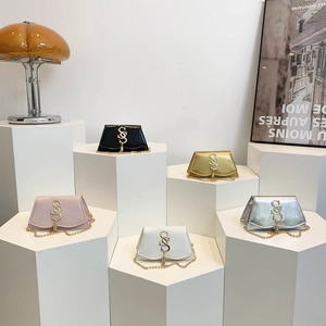 Chic trapezoid mini flap bags with metal logo and gold ball chain in five stylish colors