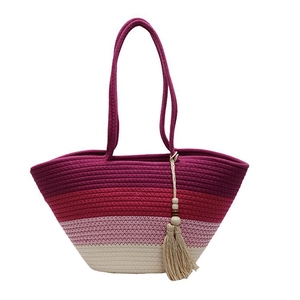 Striped gradient woven straw beach tote bag with tassel and large capacity design