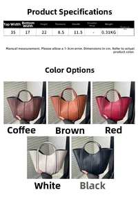 Detailed size chart and dimensions for the minimalist PU leather bucket handbag