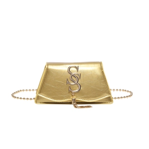 Golden textured small square bag with chain strap and metal letter S buckle decoration