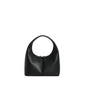 Minimalist black half-moon tote bag in matte leather with silver zippers and top handle