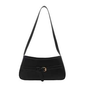 Chic black glossy faux leather shoulder bag with gold buckle detail and sleek minimalist design