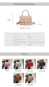 Detail view of stylish quilted PU leather crossbody bag with size and feature specs