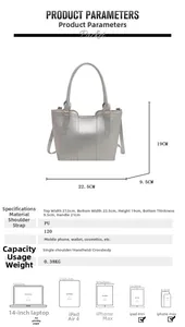 Detailed size parameters and capacity comparison for silver PU leather bucket handbag