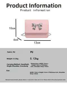 Pink PU mini crossbody bag dimensions 13x10x6cm with silver butterfly and chain strap