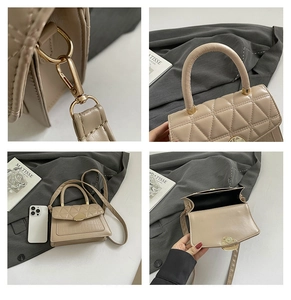 Détails du sac matelassé beige avec fermoir doré et référence de taille smartphone