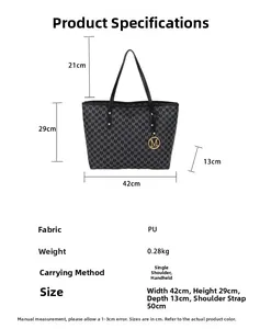 Detailed size chart of large black tote bag with monogram print and gold logo pendant