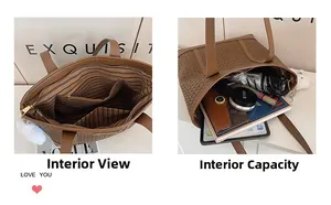 Détails intérieurs du sac fourre-tout tressé avec doublure rayée et grande capacité