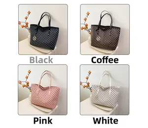 Detail view of large tote bags with repeating letter patterns in four stylish colors