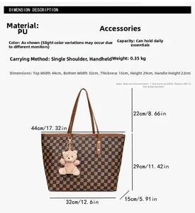 Detailed size chart for the checkered tote bag including width, height, and handle dimensions