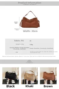 Detailed size chart for retro PU leather shoulder bag showing dimensions and strap length